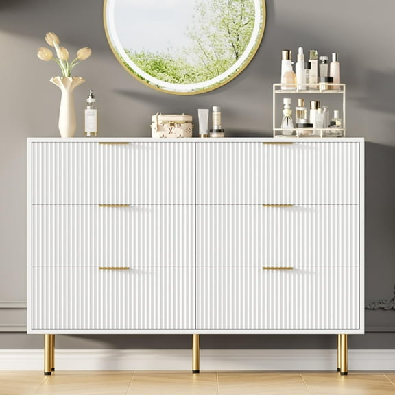 6 Drawers Dresser for Bedroom, Fluted Dresser Chest of Drawers with Handle, Wood Modern Dressers for Closet, Bedroom Furniture Storage Organizer for Living Room, Hallway