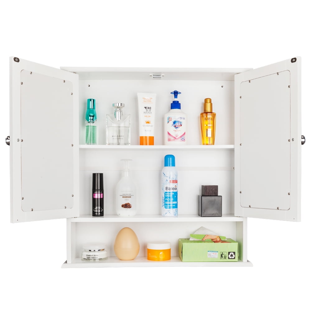 Double Door Mirror Indoor Bathroom Wall Mounted Cabinet Shelf, White