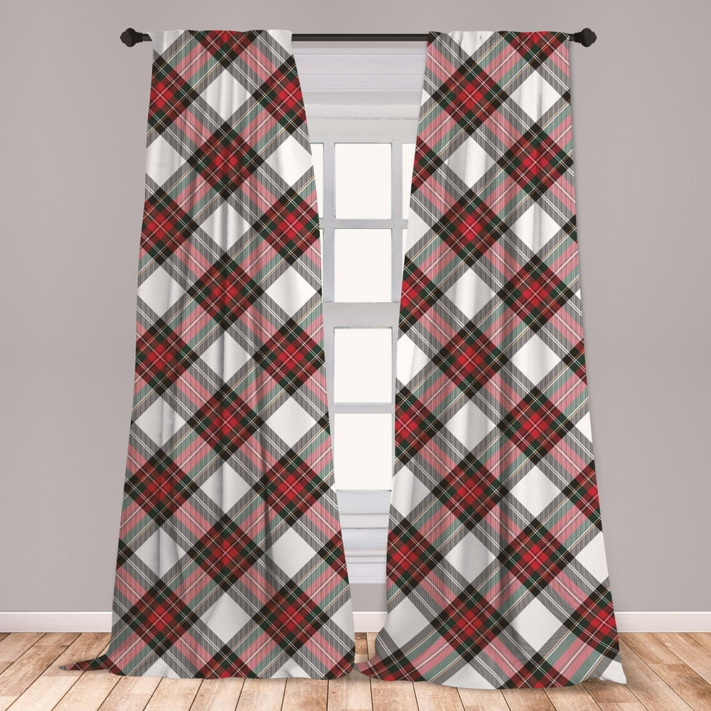 Tartan Curtains 2 Panels Set, Traditional Plaid with Diagonal Lines and