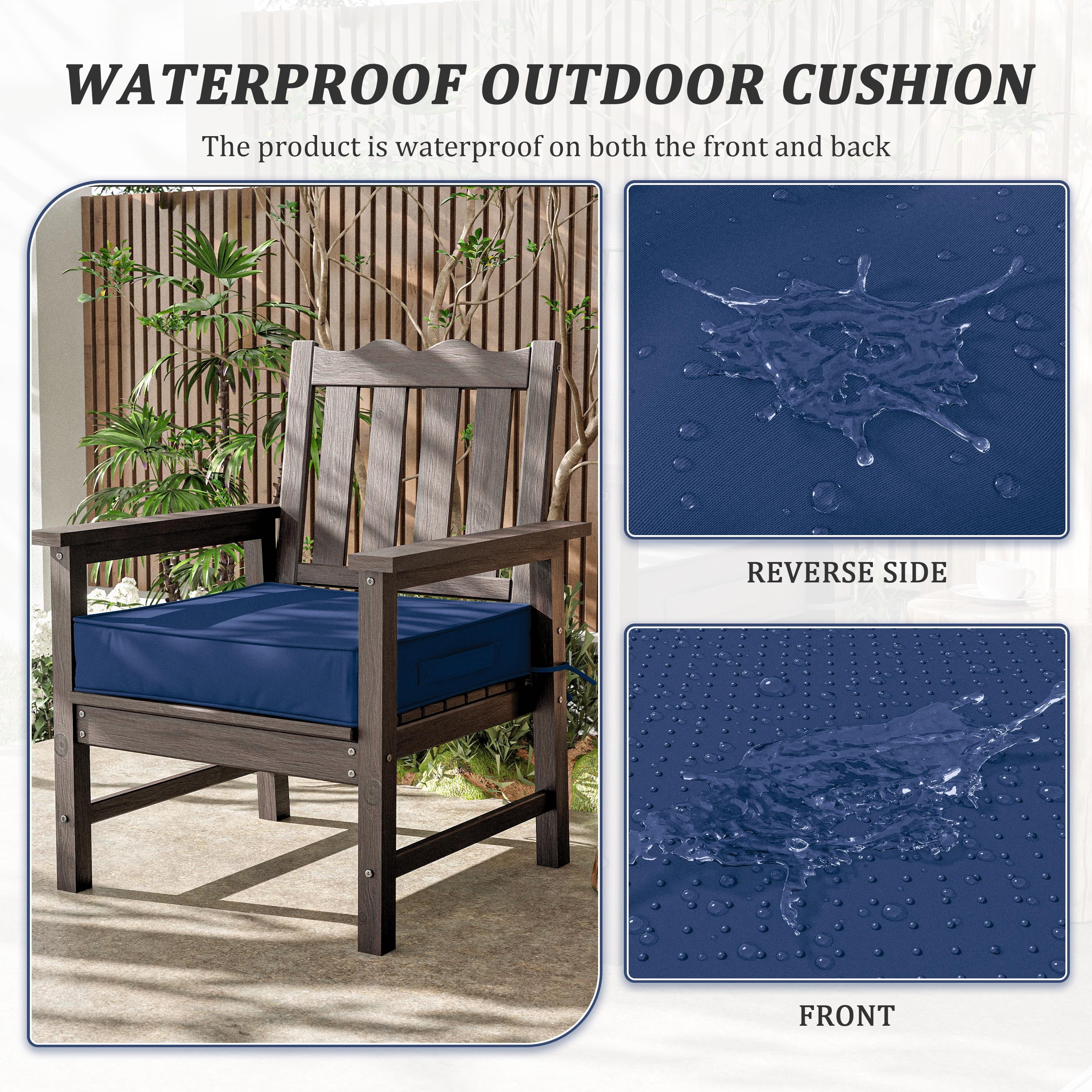 Pakunoda Outdoor Chair Cushions 22 X 22 X 4 Inch, 2-Piece Patio Seat Pad Cushions, Waterproof Outdoor Seat Cushions Square Corner with Handle and Ties, Blue