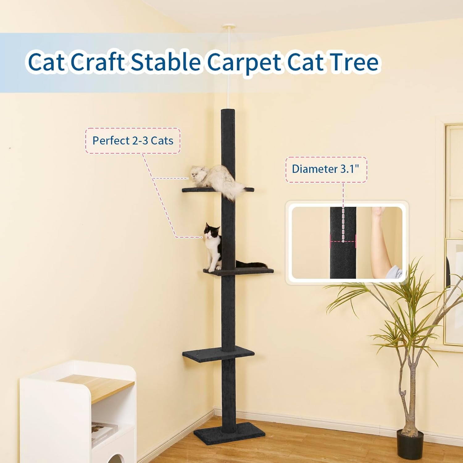 Cat Craft Floor to Ceiling Cat Tree Tower with 4-Tiers for Climbing, Adjustable to Fit 7.5-9 Foot Tall Ceiling, Charcoal