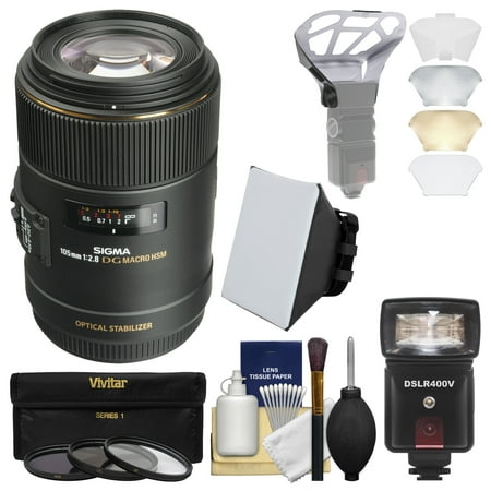 Sigma 105mm f/2.8 EX DG OS HSM Macro Lens with 3 Filters + Flash + Soft Box + Diffuser Kit for Canon EOS DSLR Cameras
