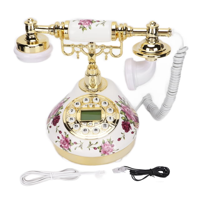 DEWIN European Retro Landline Ceramic Printing Creative Digital Old Fashioned Telephone with Electronic Date DisplayPurple Flower