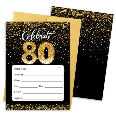 80th Birthday Party Invitations | 10 Cards | 5x7 Invites with Envelopes | Black and Gold