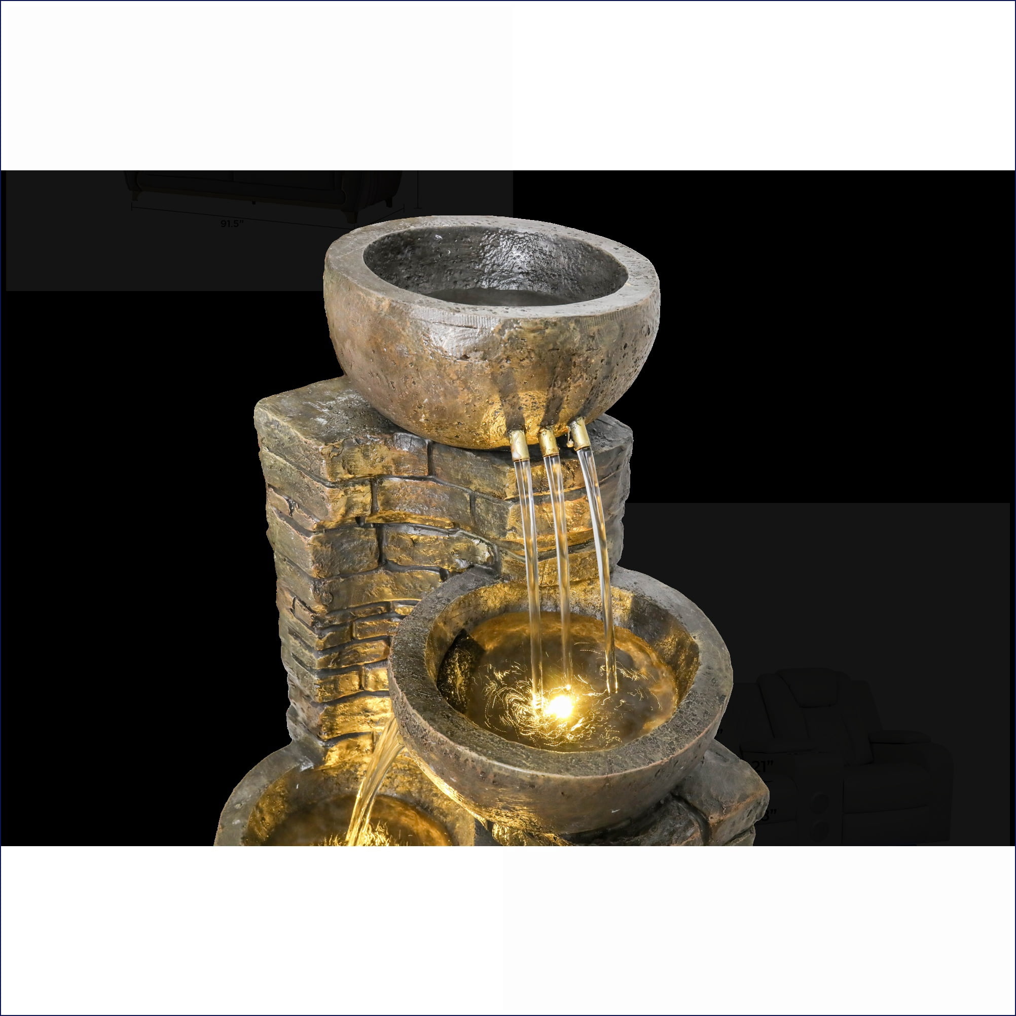 Fountains 38.2" H Outdoor Stacking Fountain for Garden Patio, with LED Lights & Built-in Pump | Resin | Walnut Brown