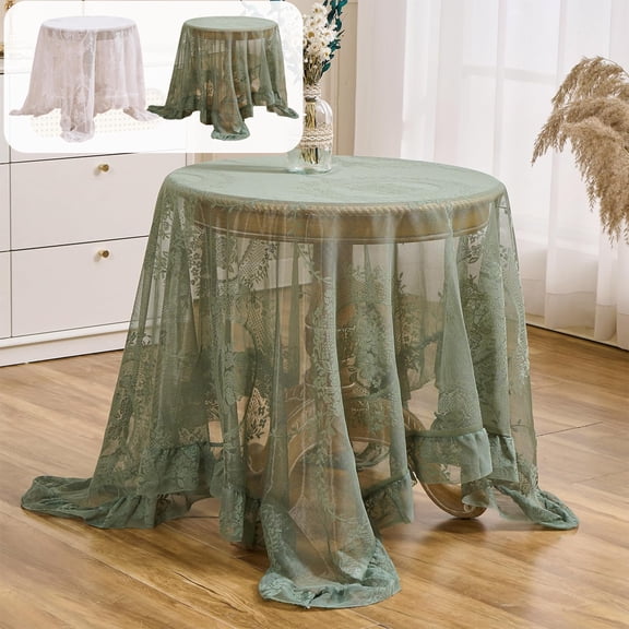 OEFNTAC Round Lace Tablecloth Hollow Ruffled Polyester Table Cover Slip-Resistant Vintage Floral Pattern Tabletop Decor 35.4in for Dining Table Wedding Home Everyday Parties Farmhouse