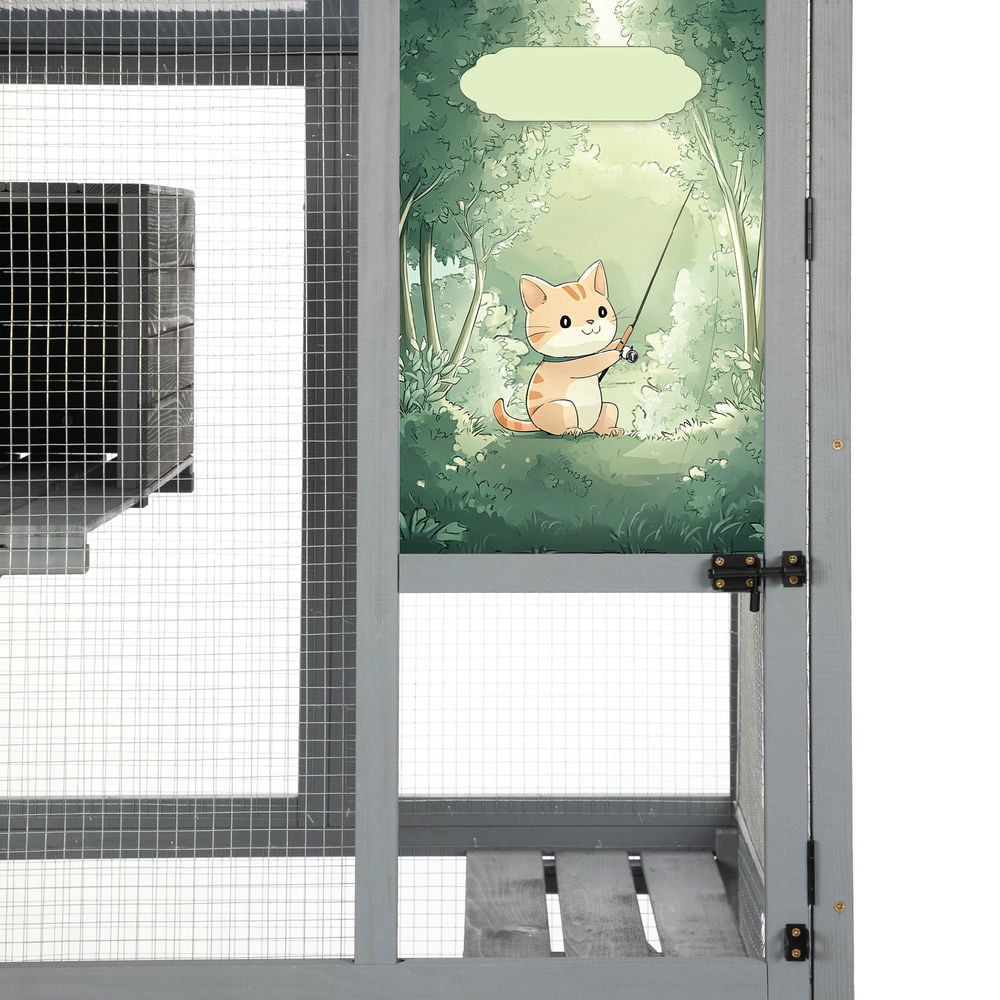 Spaco 70-Inch Cat Window Catio House, Outdoor Wood Cat Enclosure with Wheels and Platforms, Gray