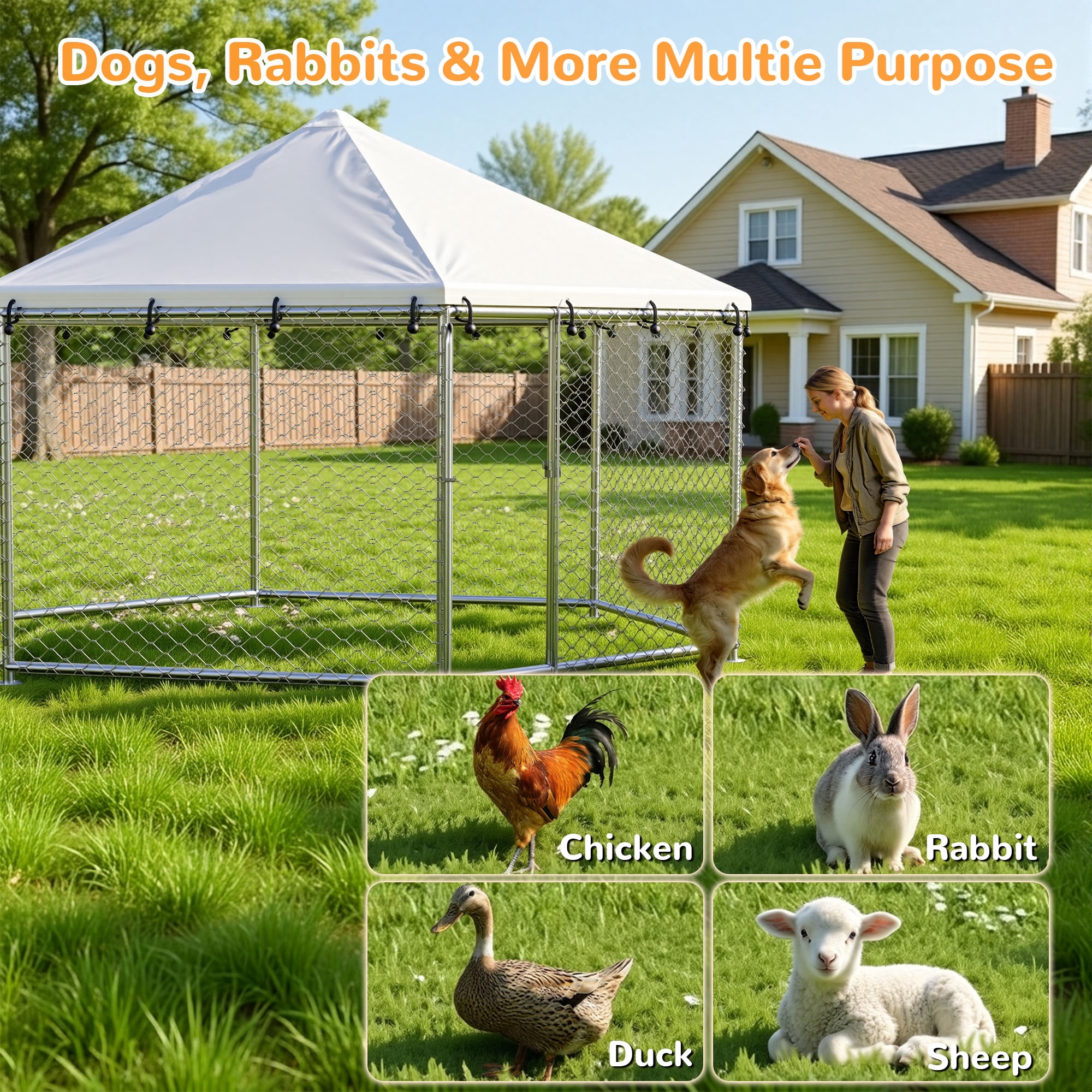 TIME RAY 12.5x12.5 ft Outdoor Dog Kennel,Heavy Duty Outdoor Dog Enclosure with Waterproof Cover and Security Lock, Galvanized Chain Link Hexagonal Dog Cage for Extra Large Dog