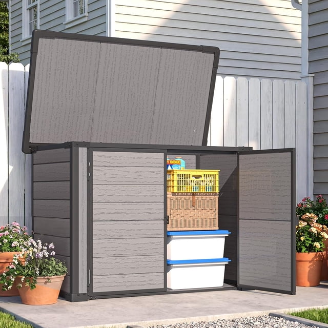 AECOJOY Remise de Rangement Extérieure en Résine de 23 Pi3 avec Plancher, Coffre de Terrasse en Plastique Imperméable, Bâtiment de Rangement de Patio Robuste pour Outils, Cour Arrière
