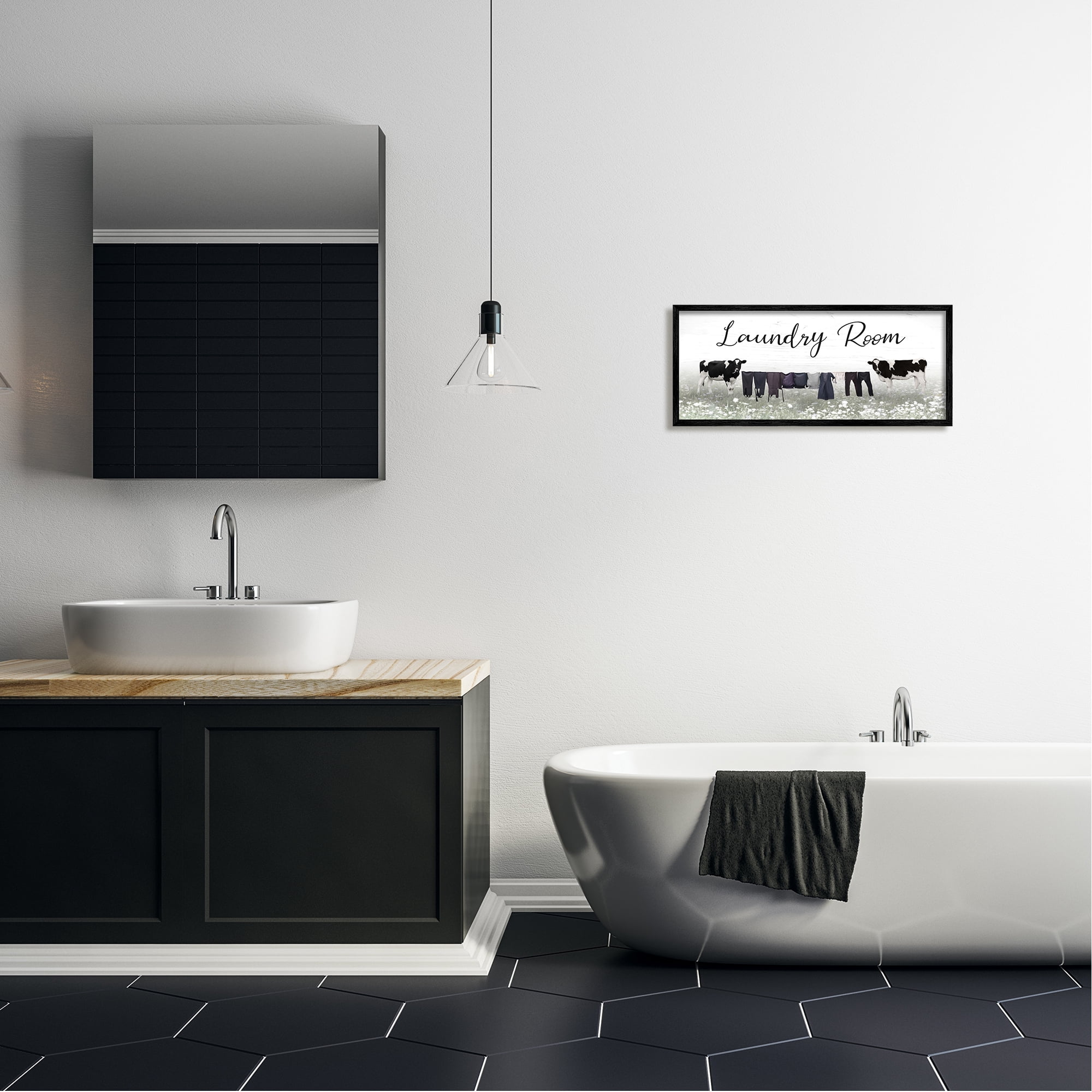 Stupell Laundry Room Clothes Drying Cows Nature Painting Black Framed Art Print Wall Art