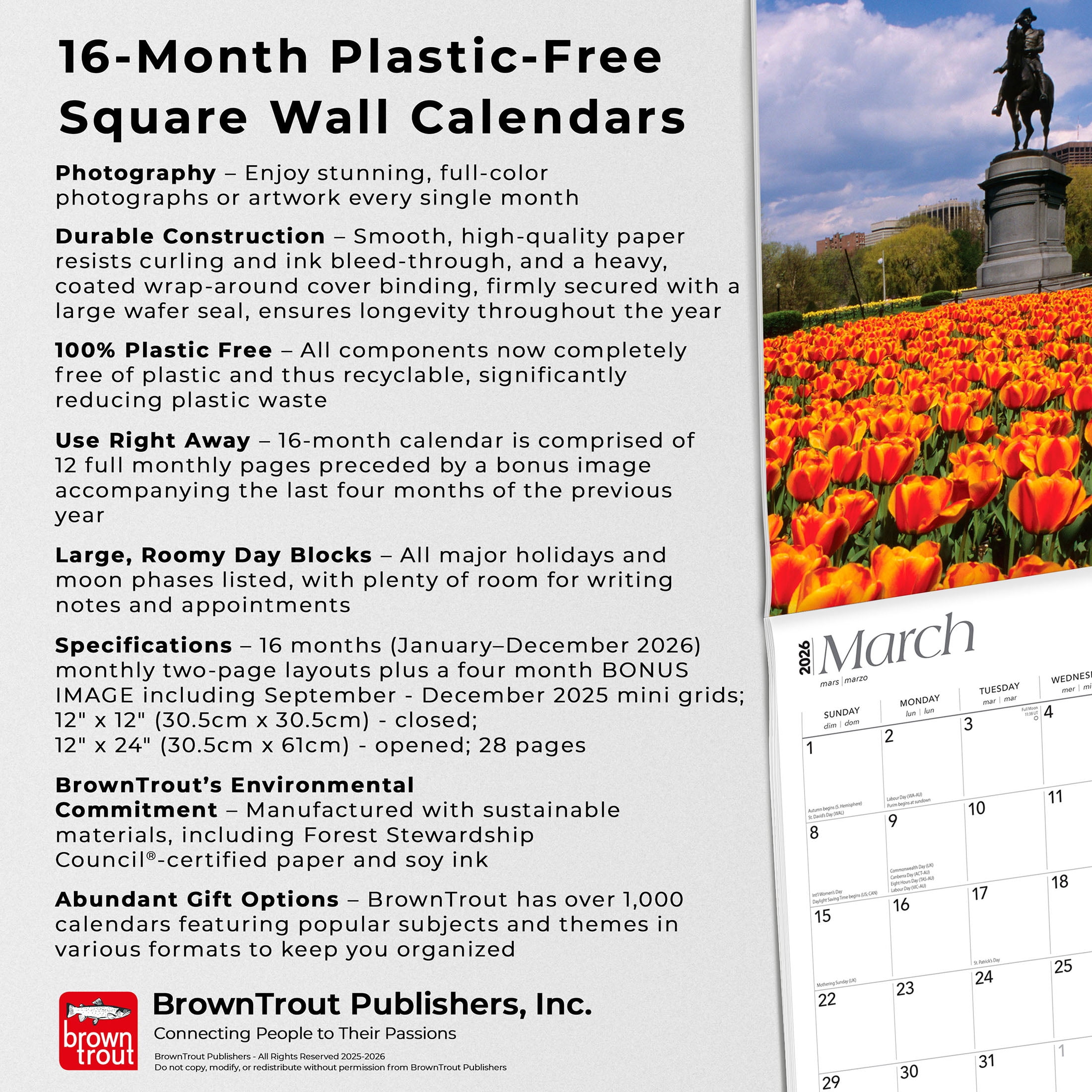 Massachusetts Places 2026 12x24" (Hanging) Wall Calendar Plastic-Free | BrownTrout