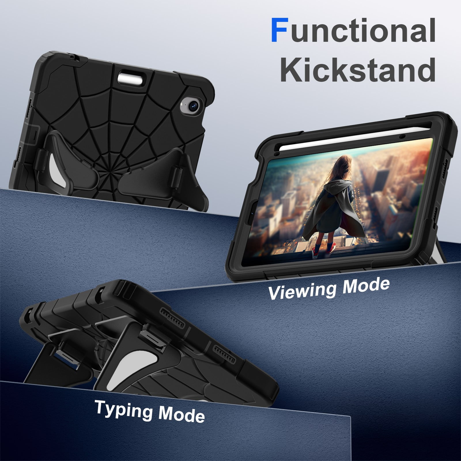 ELEHOLD Kids Friendly Case For Apple iPad mini 7th(A17 Pro) 2024/6th, Heavy Duty Shockproof Rugged Protective Case with Pencil Holder Foldable Kickstand for Boys Children Case, Black