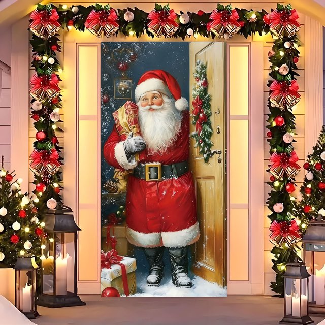 xihome Cortina navideña para puerta, 180x90cm, de tela de nailon, decoracin colgante para fiestas navideñas con escena festiva de Pap Noel.