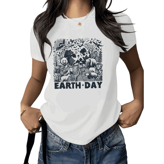 White Print Tshirt Graphic Tees Shirts Earth Day Nature S 5XL Tops