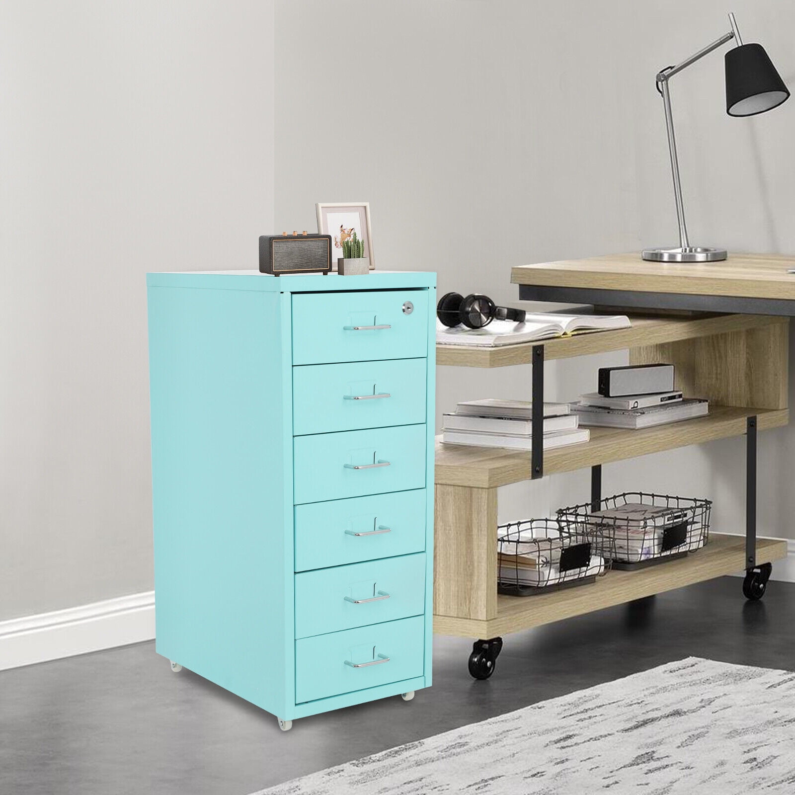6-Drawer Vertical File Cabinet Blue Lockable Rolling