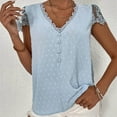 thumbnail image 4 of XFLWAM Womens Summer V Neck Lace Trim Button Tunic Tops Casual Lace Short Sleeve Swiss Dot Blouses T Shirts Light Blue S, 4 of 5