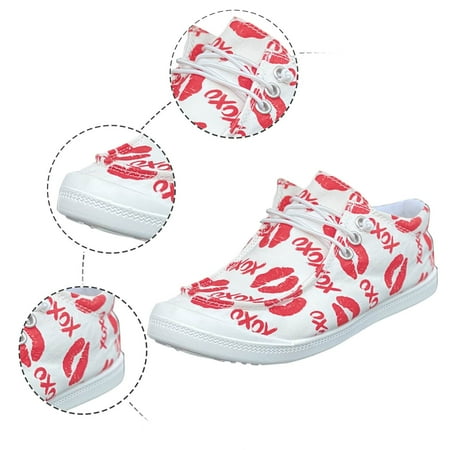 

XDDST Large Size Casual Sneakers for Women Flat Women s Valentine s Day Printed Casual Comfortable Round Head Lace Up Flat Casual Shoes White