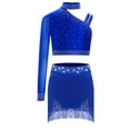 thumbnail image 2 of Mufeng Kids Girls Sparkly Disco Jazz Latin Hip Hop Ballet Lyrical Dance Outfits Crop Top with Fringe Blue 16, 2 of 7