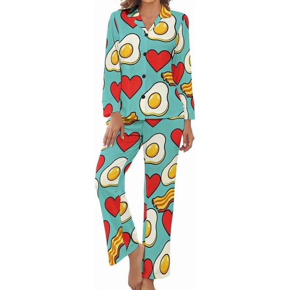 Top-kevin Women's Pajama Sets Eggs Bacon Hearts Long Sleeve Lounge Sets Pjs Sleepwear with Pockets