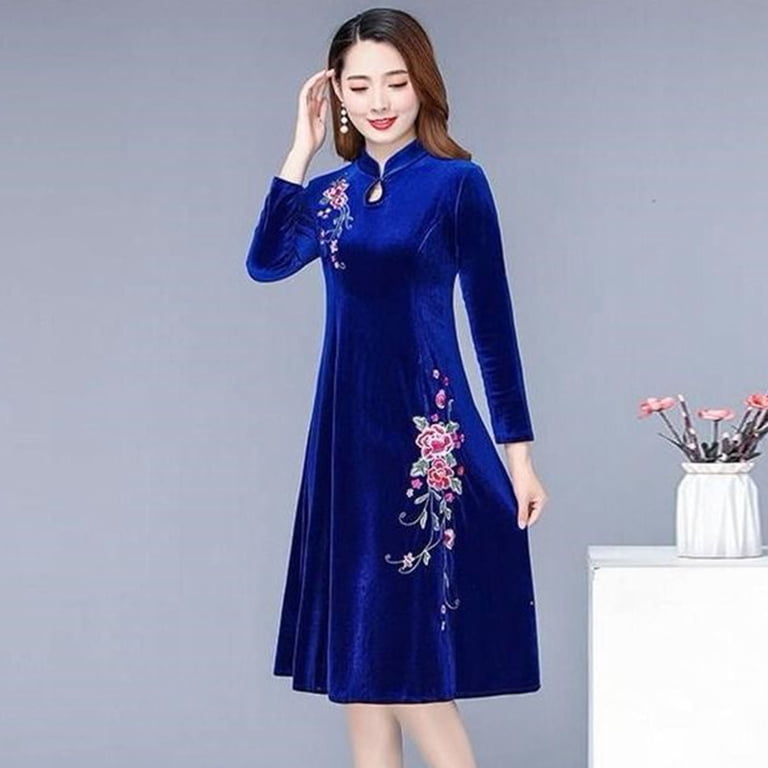 thick winter dress comerut Women Fall Big Swing Stand Collar Long Sleeve Flower Embroidery Hollow Out A-line Soft Warm Pullover Lady Prom Party Size:Large (Women) Mono Fluid Stripe Cotton Nodiscount fits hips around 44
