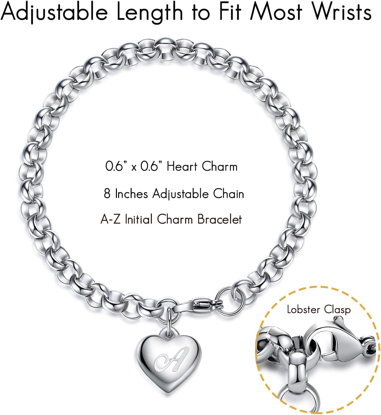 PJRYC Initial Charm Bracelets for Girls Women Stainless Steel A-Z Bracelet Personalized Gifts Birthday Graduation Easter Basket Stocking Stuffers for Teens Girls Women Jewelry