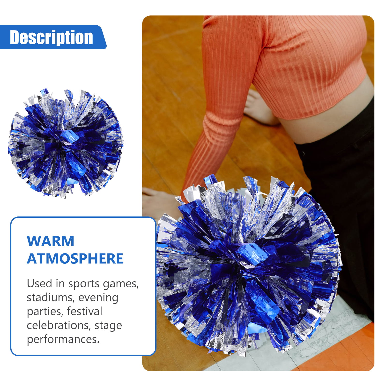 Just Pretend Cheerleader Pom-Poms (Pair)Kids Toy Costume Accessory~Blue &  Silver