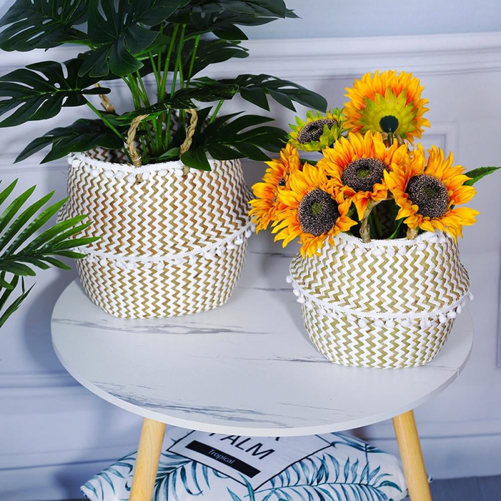 Woven Seagrass Plant Basket - Wicker Belly Basket Planter Indoor with Plastic Liner and Handles, Natural Plant Pot for Fiddle Leaf Fig Tree