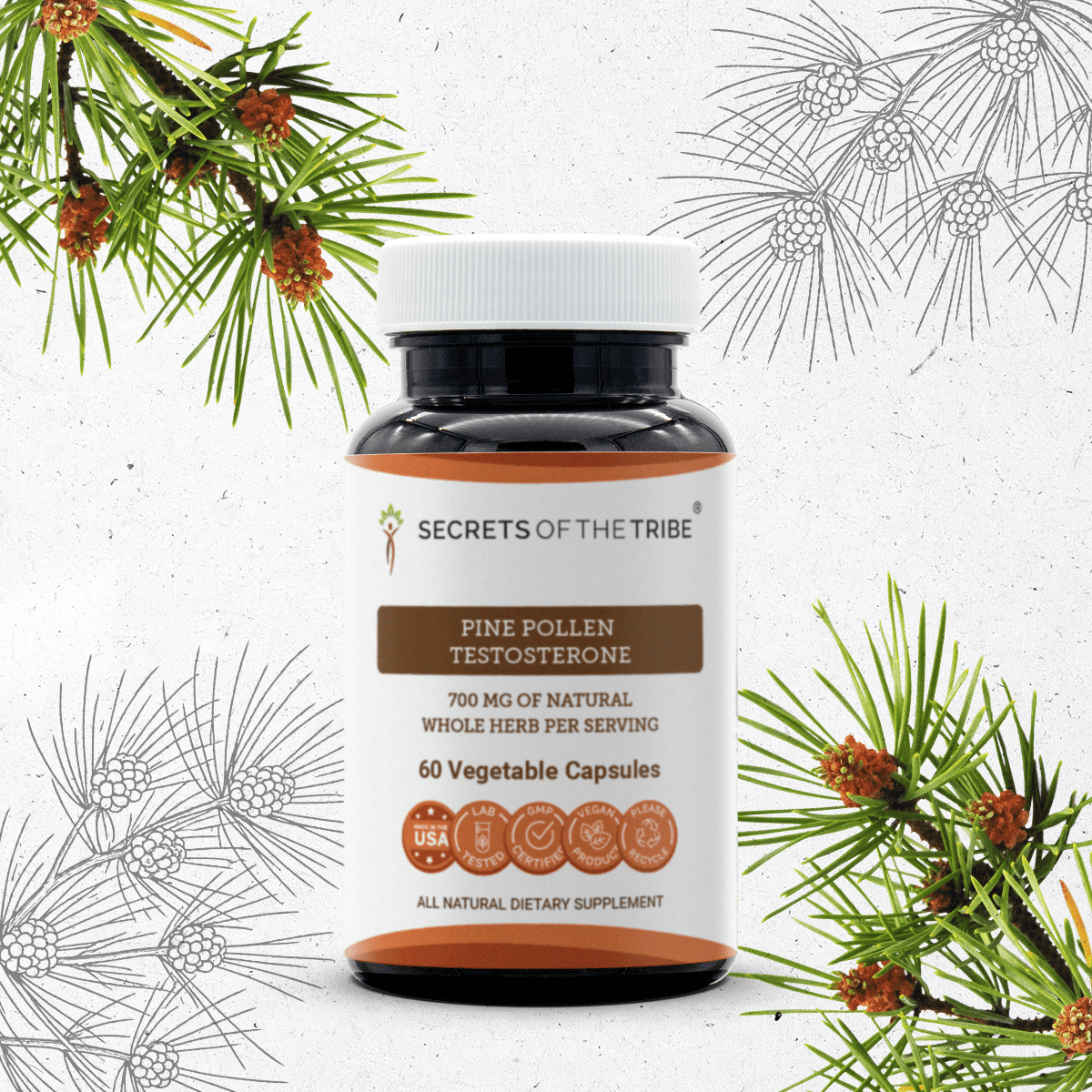 Secrets Of The Tribe Pine Pollen Testosterone Capsules Dietary Supplement, Natural Herbal Capsules for Hormonal and Antioxidant Support, Pine Pollen (Pinus sylvestris) Dried Pollen, 60 Capsules