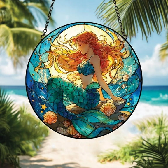 Ocean Sunset Mermaid Stained Glass Window Hanging, Blue Coastal Faux Stained Glass Suncatcher, Nautical Fantasy Gift Idea, Fantasy Indoor Decor