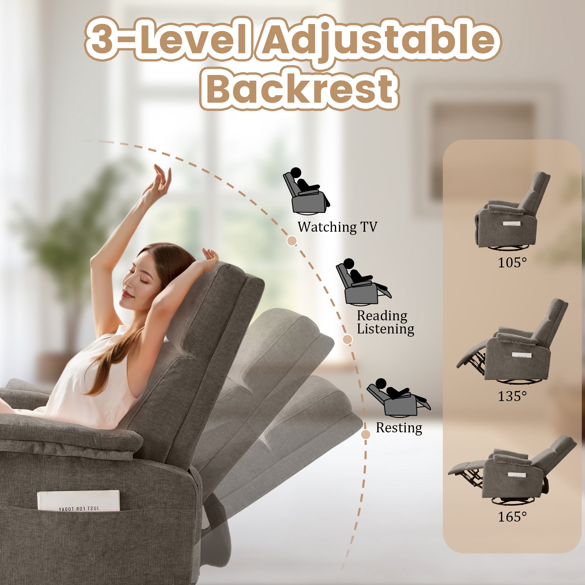 Korser Swivel Rocker Recliner Chair for Small Spaces Chenille for Living Room,Brown