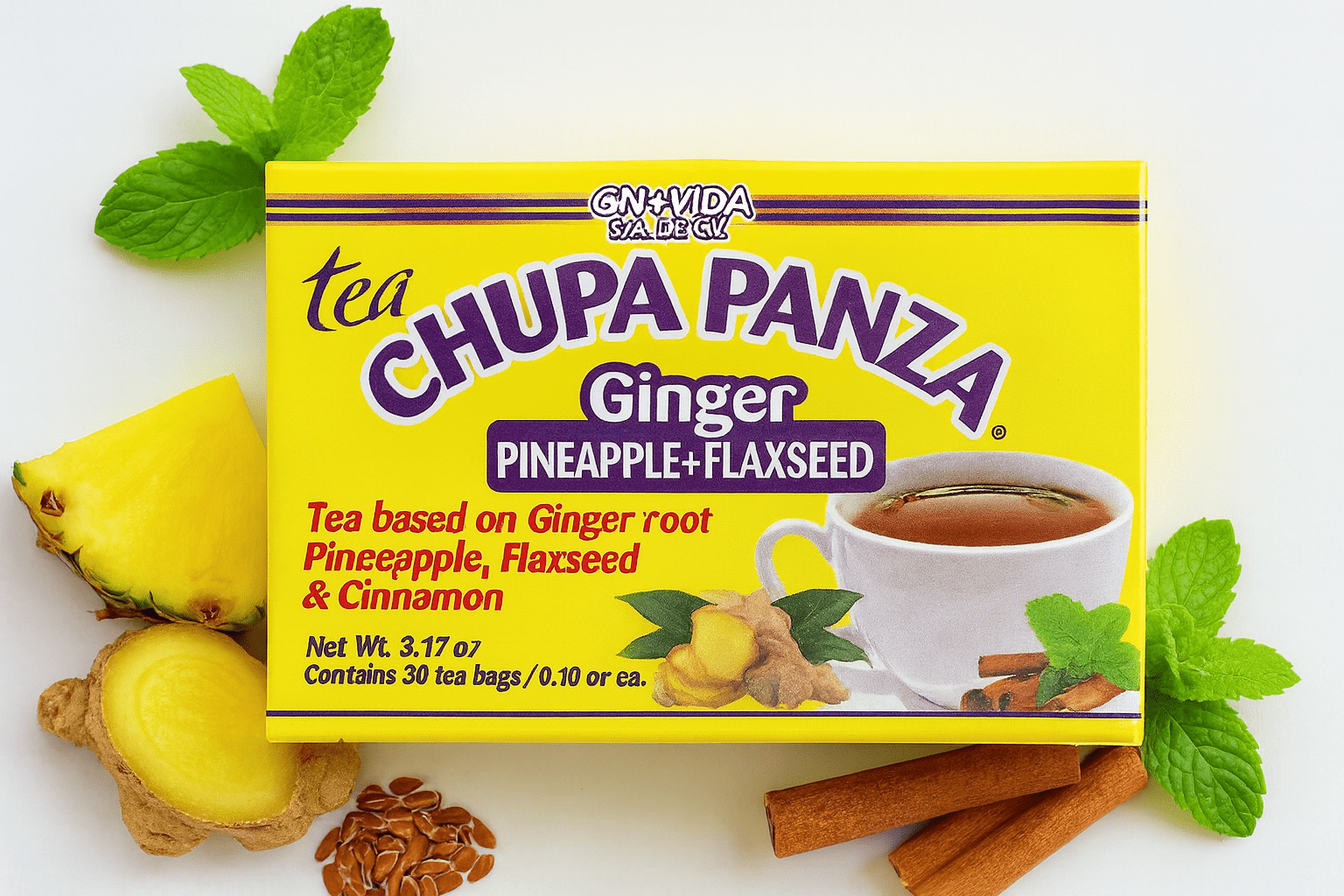 Chupa Panza Herbal Tea with Ginger, Pineapple, Flaxseed & Cinnamon, 30 Count Each, 3-Pack Combo