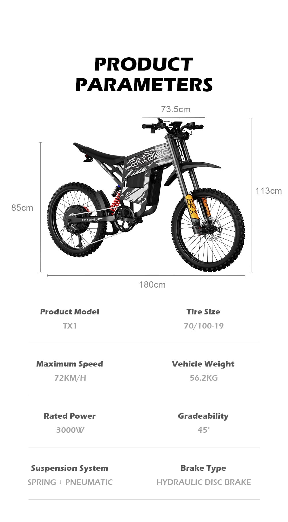 EKXBIKE TX1 Electric Bike for Adults, 6000W Peak 45MPH,60V30AH