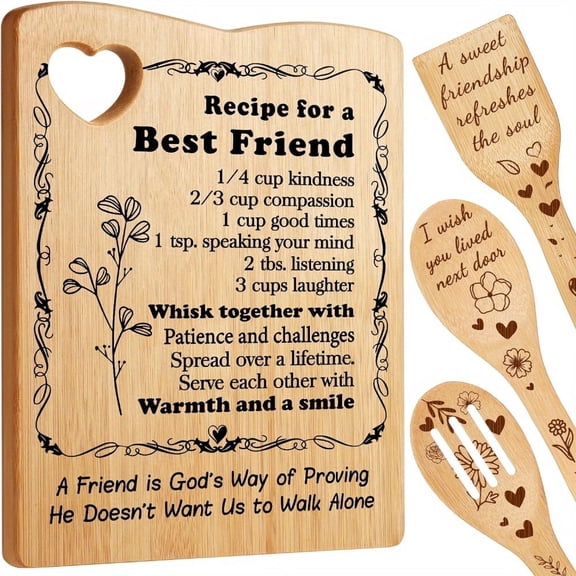 4PCS Personalized Cutting Board Set, Customized Bamboo Wood Kitchen Board with Utensils, Housewarming Gifts New Home, Laser Engraved Utensil Set, Best Friend Cutting Board, Engraved Custom Gifts