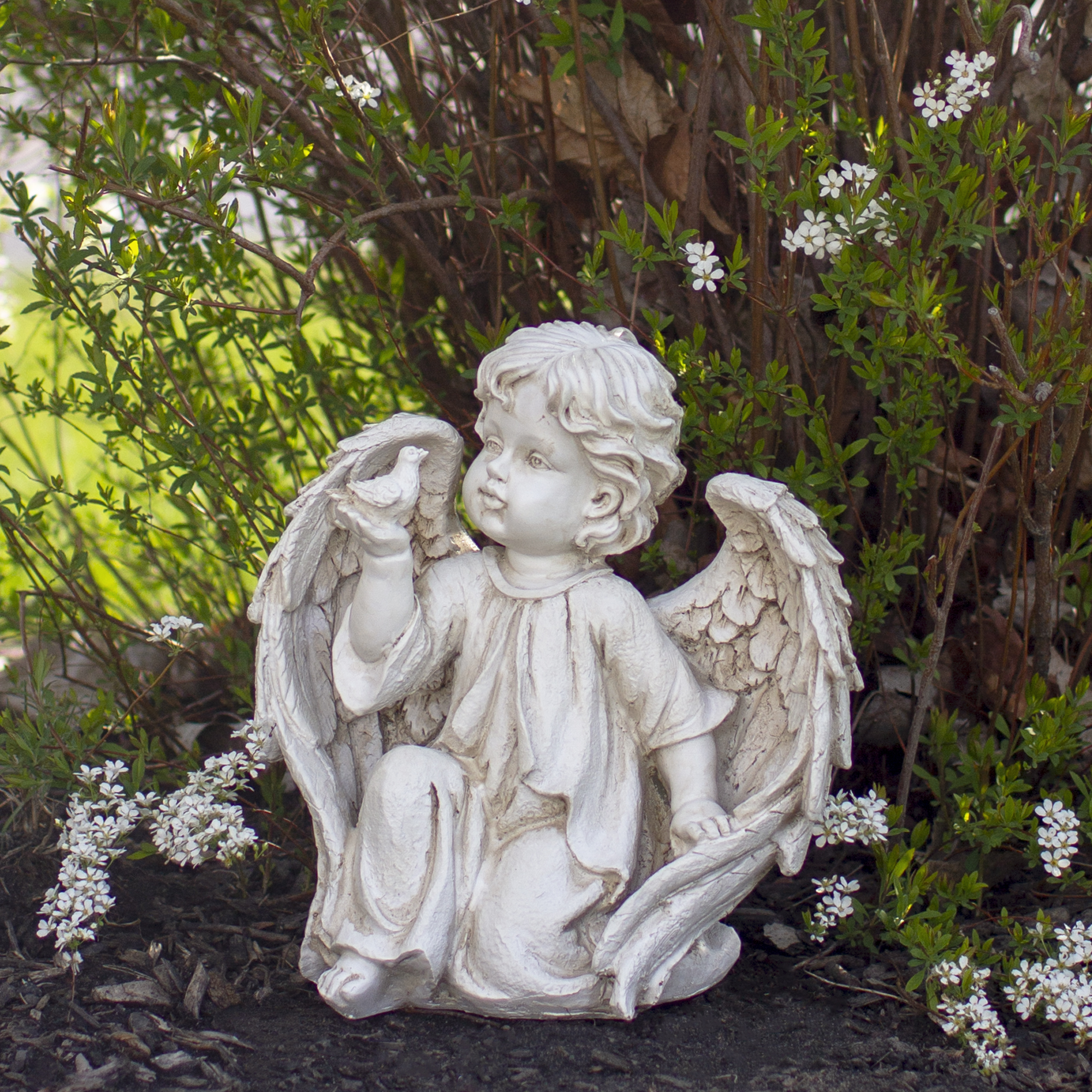 10" Ivory Angel Boy on Knee with Bird Outdoor Garden Statue