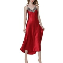 Defitshape Women's Satin Nightgown Full Length Lace V-Neck Pajamas Dress Sexy Pjs Silky Long Summer Lounging Lightweight Sleepwear Red X-Large