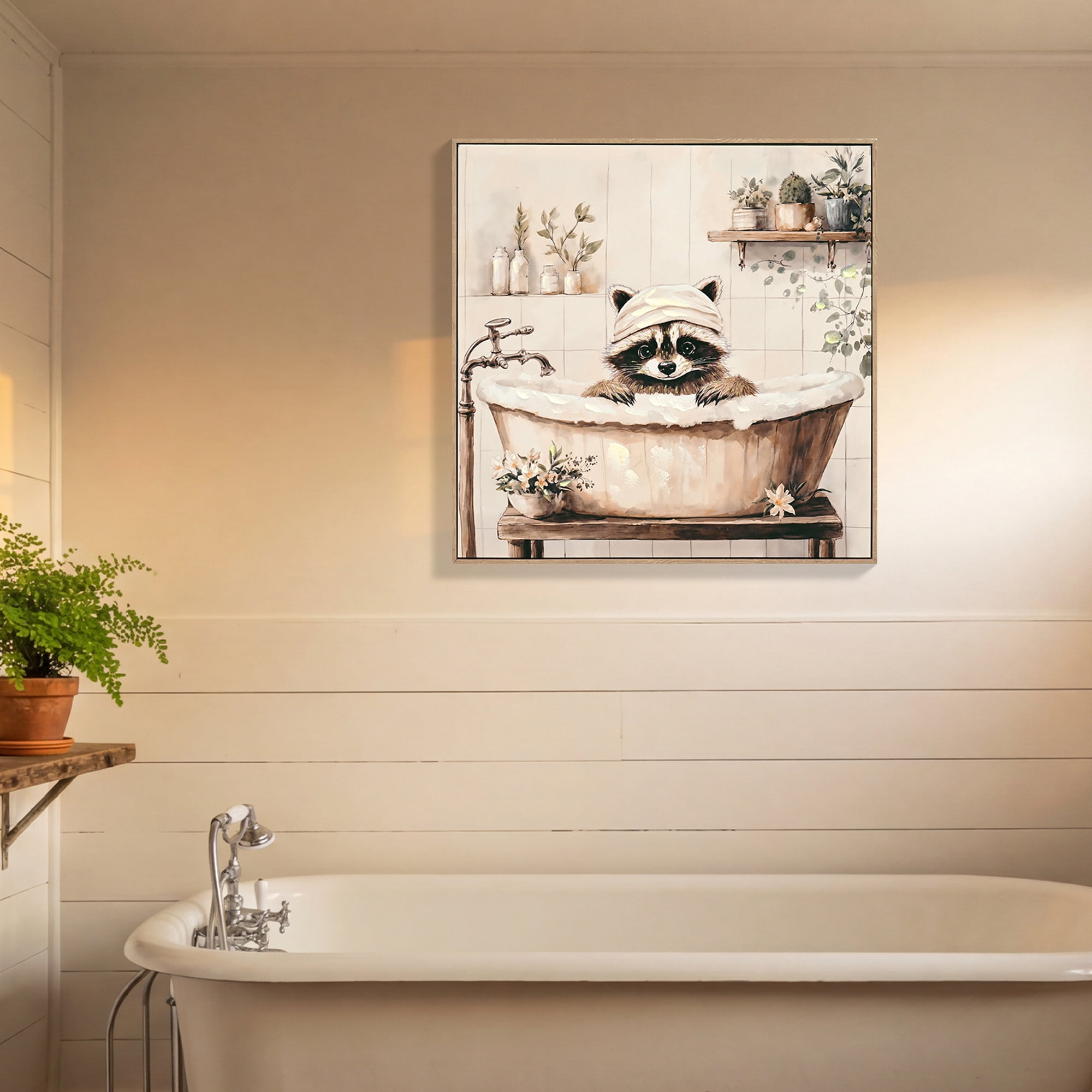 MOONMISS 24x24in Raccoon in Bathtub Canvas Print Framed Black White Funny Animal Bathroom Wall Art Home Decor