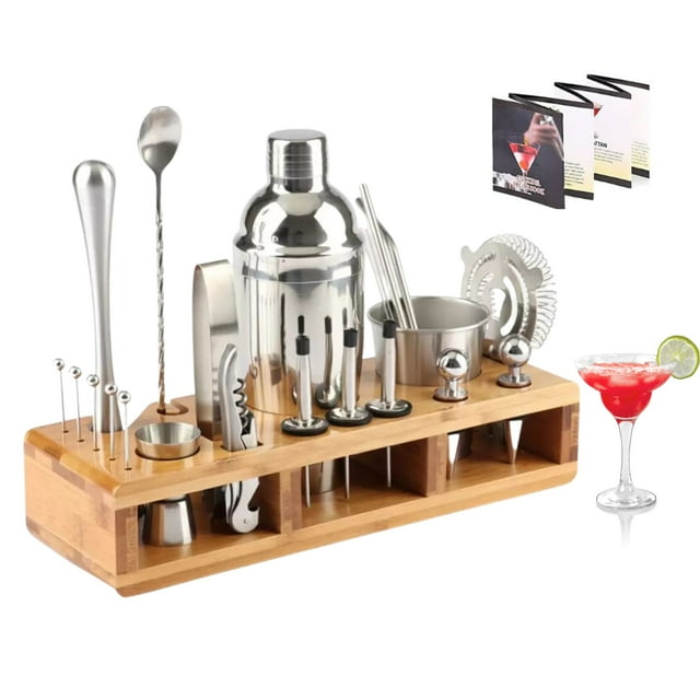 Juego De Coctelera Shaker Bartender Mixologia Kit 24 Piezas Accesorios De Acero Inoxidable Boston 1 Litro Con Soporte De Bambú Incluye Recetario Para Cocteles Mezclador De Bebidas Profesional Bar ecomlab Reposteria