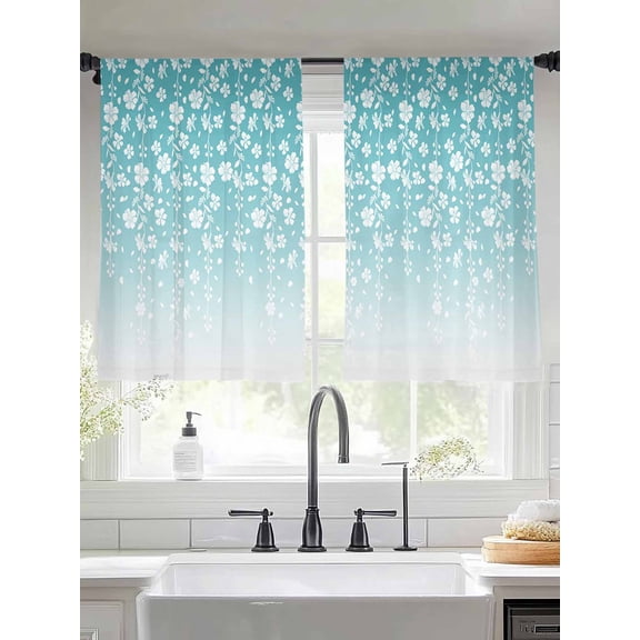 Flower White Sheer Curtains 45 inches Long 2 Panels Set Cherry Blossoms Teal Background Tiers Sheers Rod Pocket Small Window Short Curtains for Kitchen Cafe, Each 52" W x 45" L