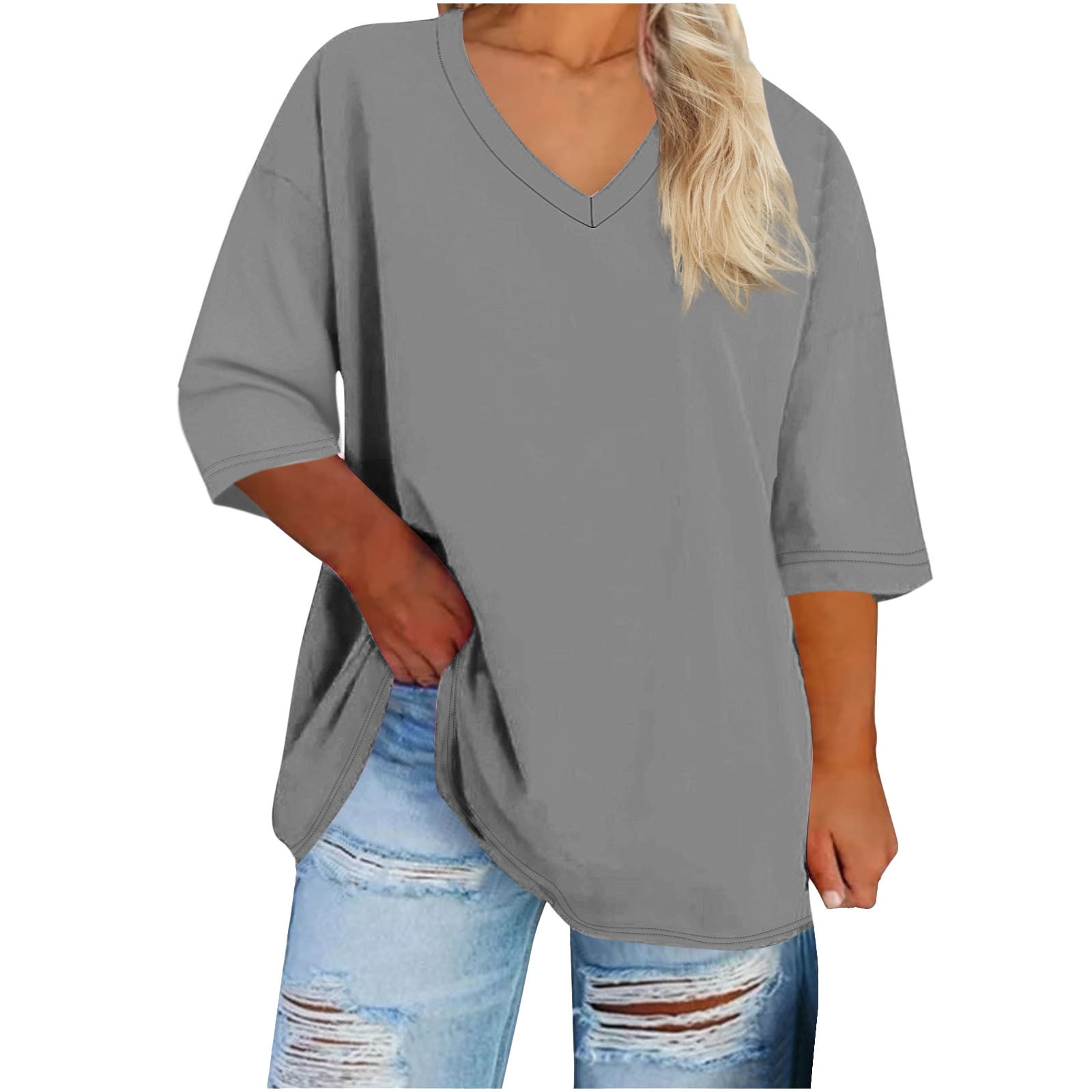 3/4 Sleeve Tops for Women Plus Size XL-5X V Neck T Shirts Womens Casual Solid Color Loose Pullover Breathable Basic Athletic Workout Tees Top