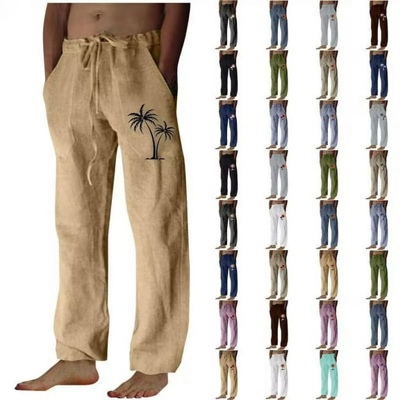 QATAINLAV Mens Cotton Linen Pants, Loose Fit Elastic Waist Drawstring Beach Pants Fashion Palm Trees Print Lounge Trousers with Pockets Spring Savings Navy XXL
