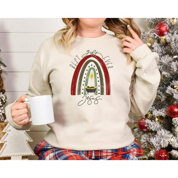 Best Gift Ever Jesus Sweatshirt, Christian Christmas Crewneck, Religious Holiday Sweater, Nativity Scene Rainbow , Faith-Based Apparel