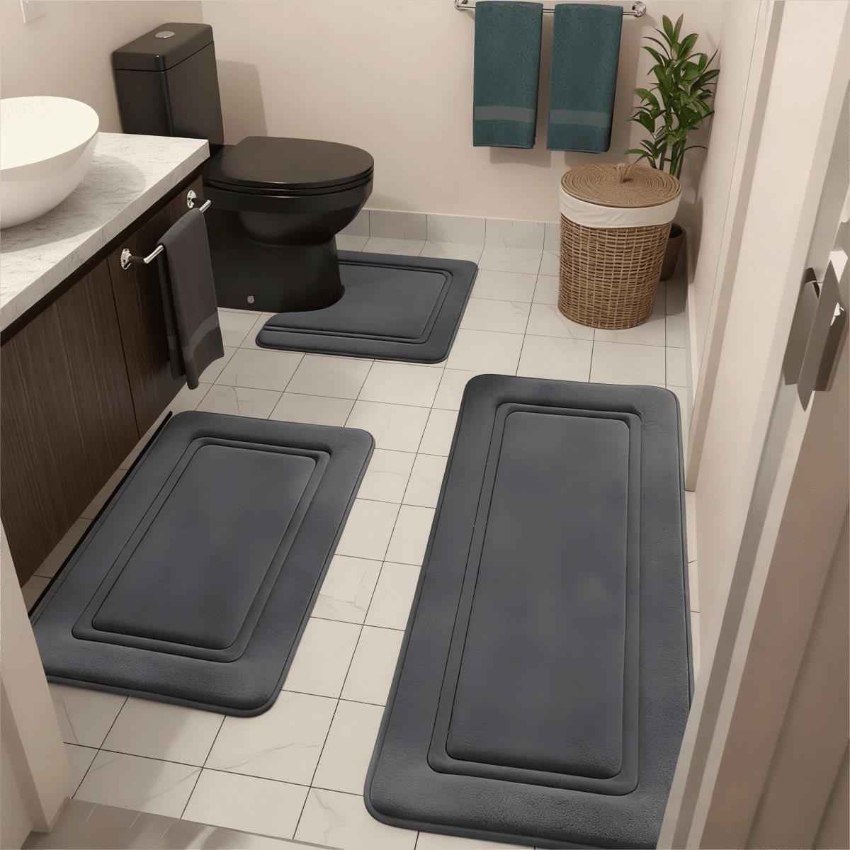 NTYNTY Super Absorbent Non-slip Bathroom Mat Set of 3,Super Soft and Comfortable Advanced Bath Blanket,Home Decoration Mat,Dark Grey.