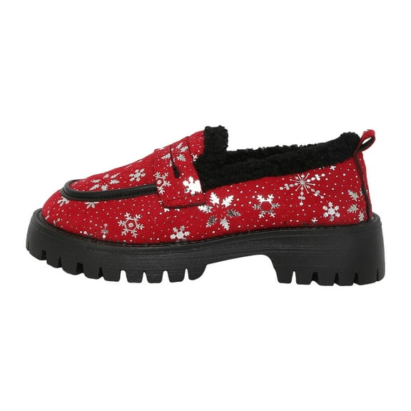 Christmas Women's Winter Loafers Fur Lined Round Toe Chunky Heel Lug Sole Slip on Office Work Shoes