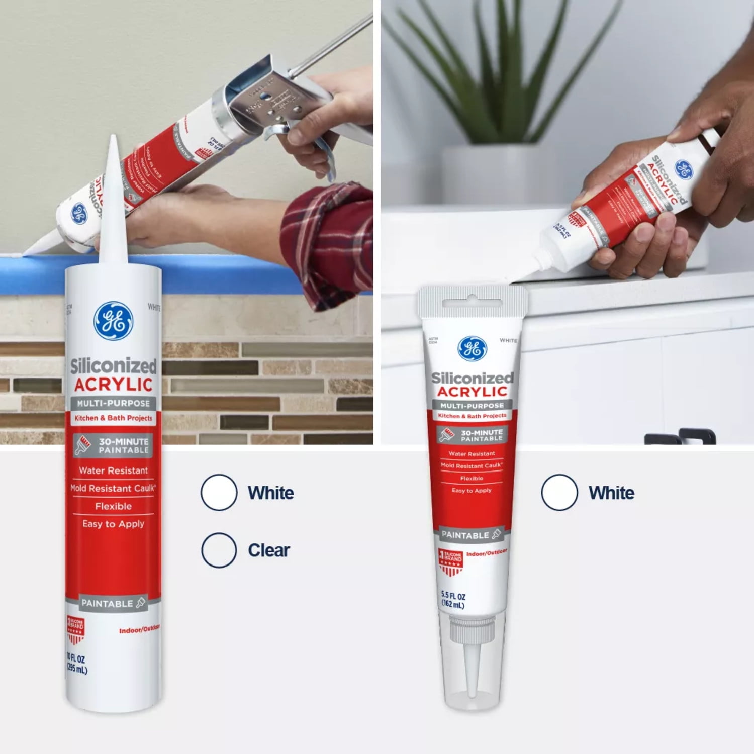 (2 pack) GE Siliconized Acrylic Multipurpose Sealant Kitchen & Bath, Pack of 1, Clear 10 fl oz Cartridge