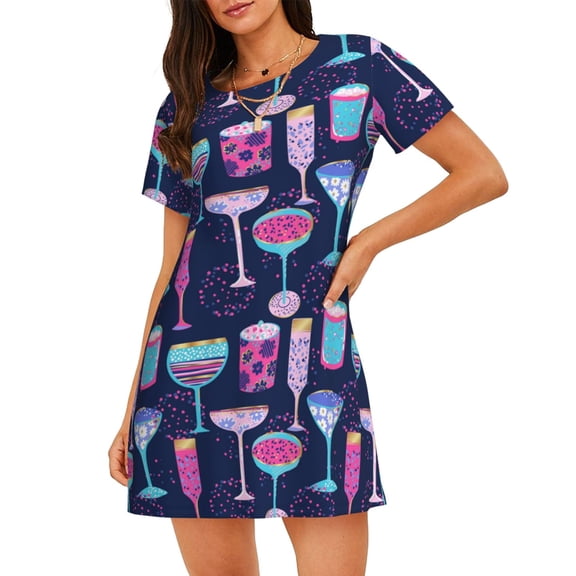 Cotton Nightgowns for Women - Cute Wine Glasses And Cocktails(1) Sleep Shirts for Women's Nightgowns & Sleepshirts, Soft Cotton Pajama Dress Shirts for Women, House Dress Sleepwear for Women