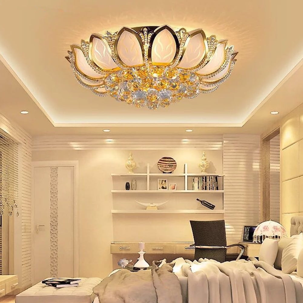KPIBEST 23.6inch Lotus LED Crystal Large Chanderlier Lights for Living Room,Remote,Luxury Flush Mount Ceiling Light Pendant Lamp Fixture for Livingroom Bedroom