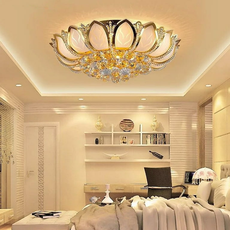 Kpibest 23.6inch Lotus LED Crystal Large Chanderlier Lights for Living Room Remote Luxury Flush Mount Ceiling Light Pendant Lamp Fixture for