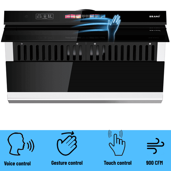 BRANO 30 inch Under Cabinet Range Hood, 900 CFM Kitchen Hood Side-Draft Design with Voice/Gesture/Touch Control, 4 Speed Exhaust Fan, Adjustable Lights