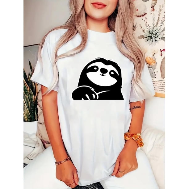 Women's Cute Sloth Graphic Tee - Casual Round Neck Short Sleeve T-Shirt, Stretchy Polyester Blend, Machine Washable - Perfect for Summer