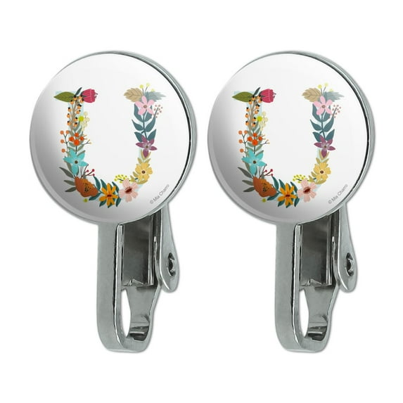Letter U Floral Monogram Initial Novelty Clip-On Stud Earrings